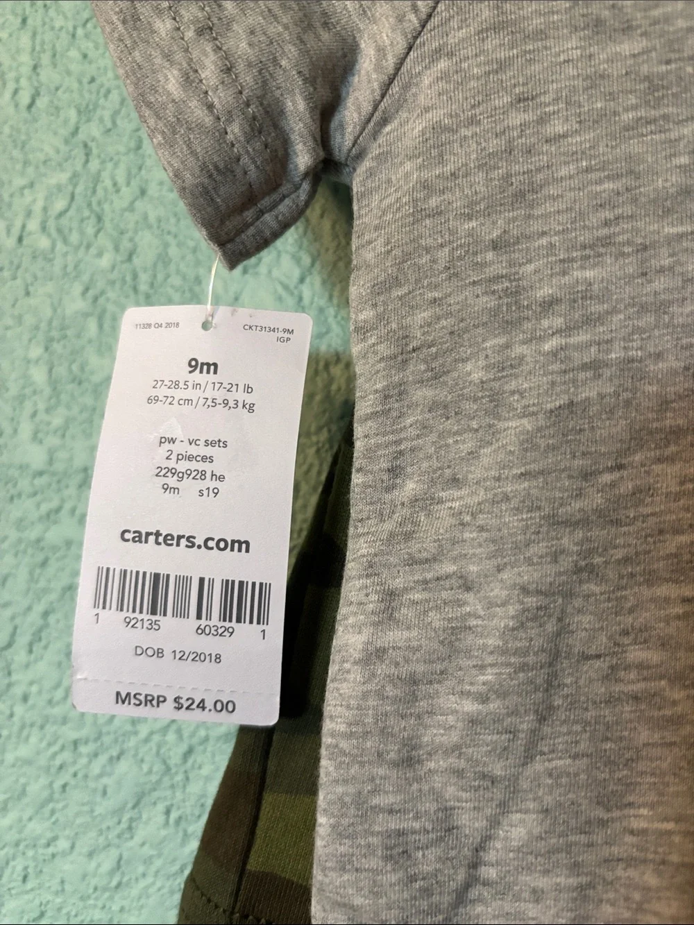 🆕 Carter's Baby Gray Tee and Shorts Set with Green Camo Chameleon, 9 mos - NWT - Picture 6 of 6